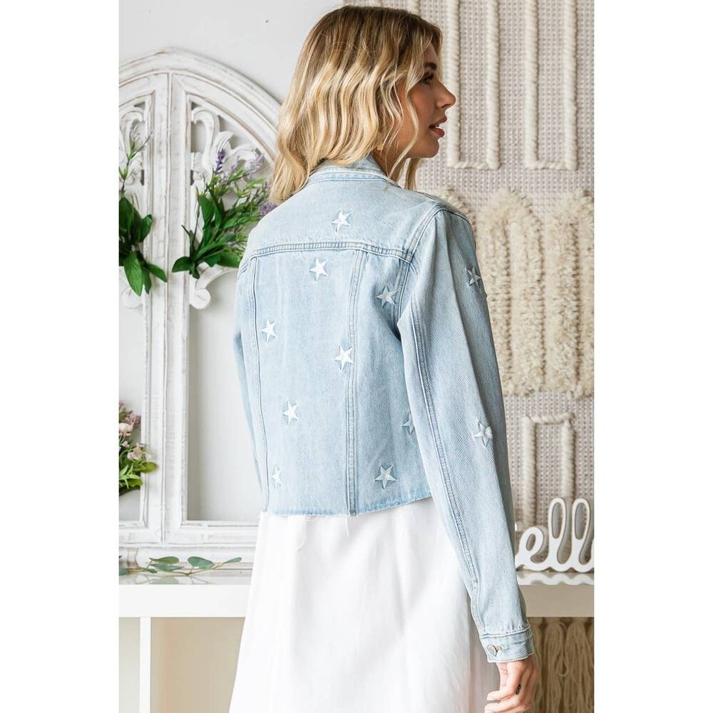 "Starboard" Star Embroidered Denim Jacket in Lt Wash - Picture 8 of 10